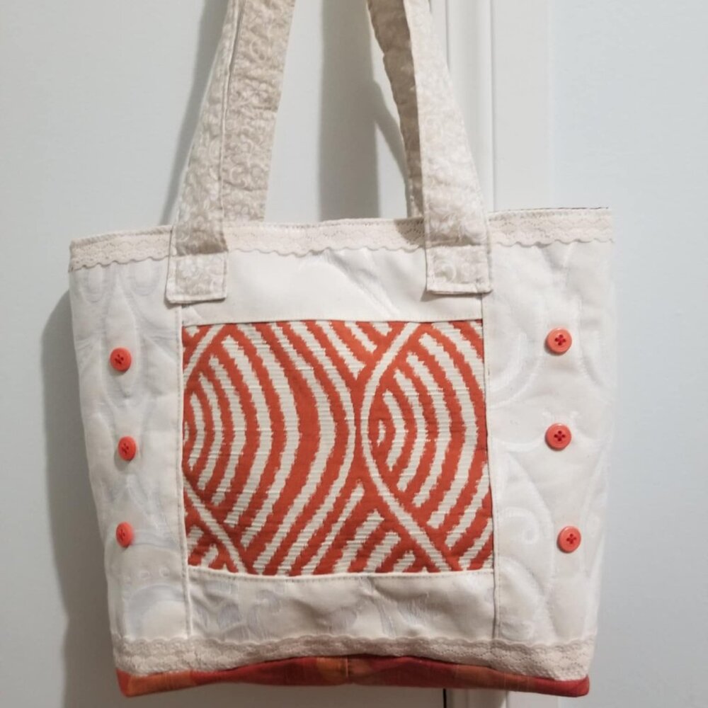 Fabric Shoulder Tote Bag Market Bag Handbag Purse Handmade Orange Cream Quilted